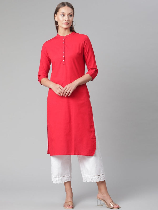 Women's Red Cotton Straight Kurti  - Wahenoor