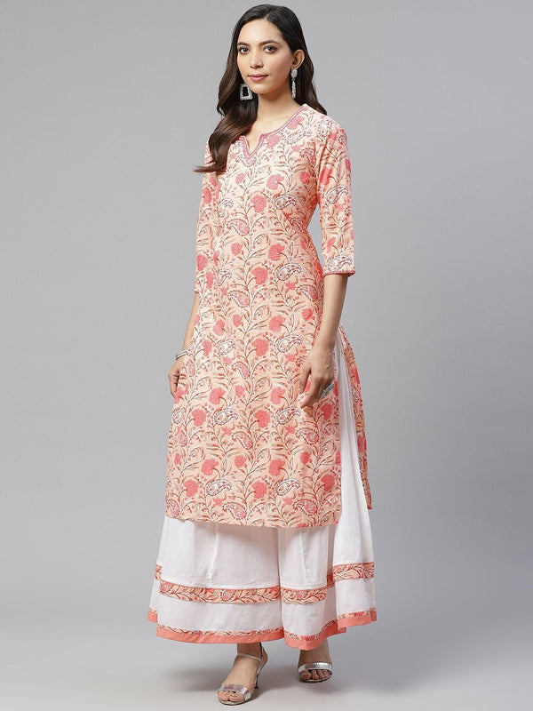 Women's Peach Cotton Kurta With Palazzo Set - Divena