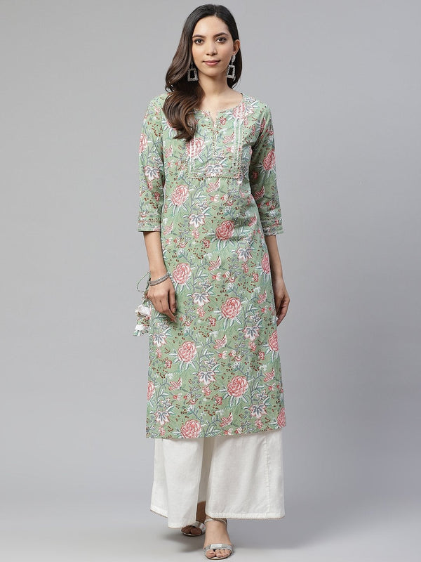 Women's Green Printed Cotton Kurta With Palazo Set - Noz2Toz