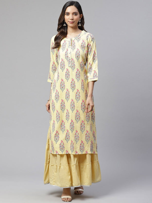 Women's The Dressify Yellow Rayon Printed Kurti Sharara Set - Divena