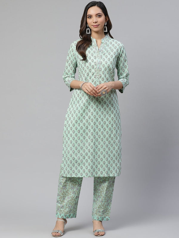 Women's Sea Green Cotton Printed Kurti Pant Set - Noz2Toz