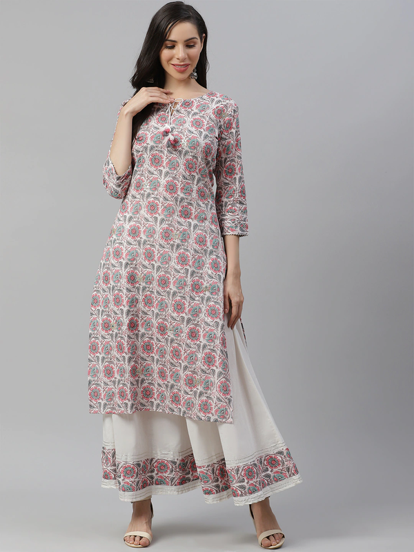 Women's White Printed Kurta With Palazzo Set - Noz2Toz