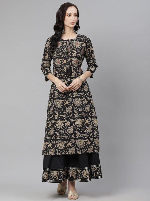 Women's Black Printed Kurta with Palazzo Set - Divena