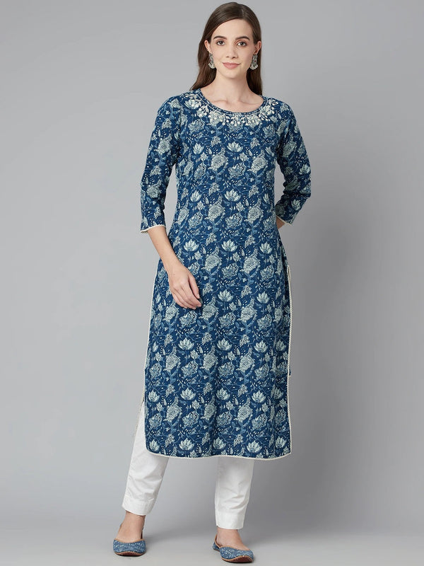 Women's Blue Floral Straight Kurta - Noz2Toz