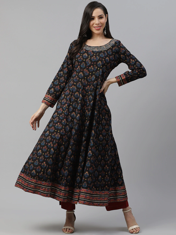 Women's Black Cotton Anarkali Kurta - Divena