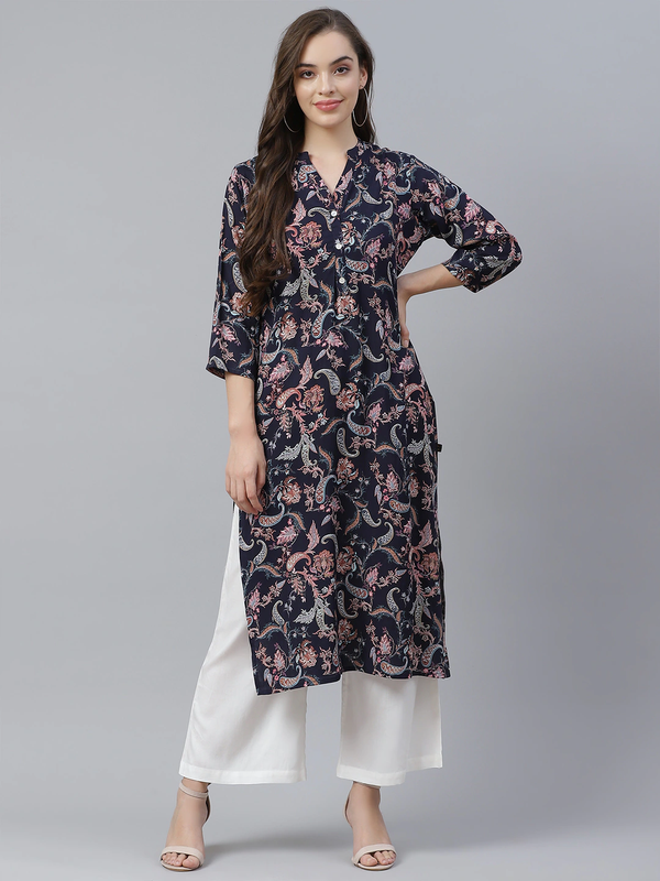 Women's Blue Printed Rayon Straight Kurti  - Wahenoor