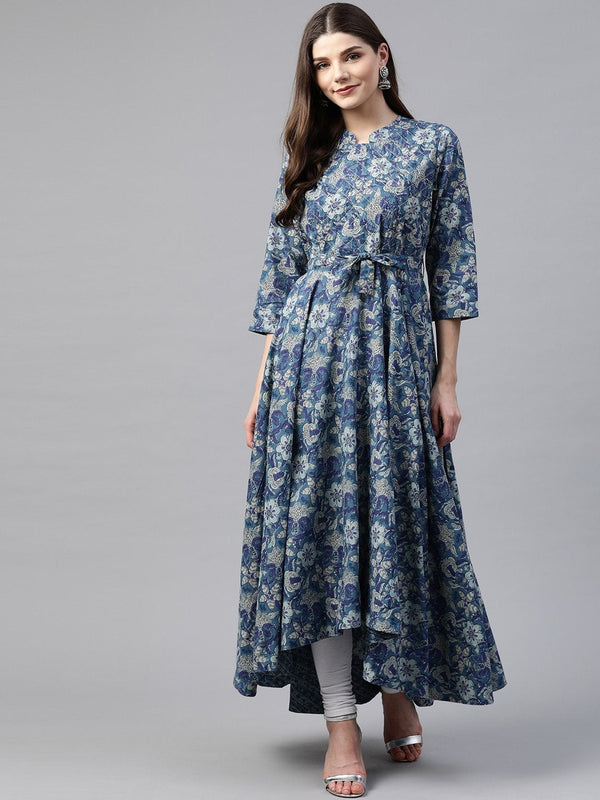 Women's Indigo Blue High Low Flared Kurta with Belt - Divena