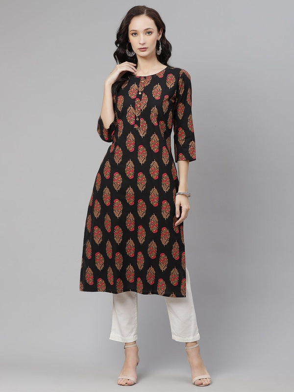 Women's Black Floral Print Cotton Straight Kurta  - Wahenoor