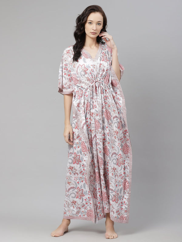 Women's White And Pink Floral Print Kaftan - Noz2Toz