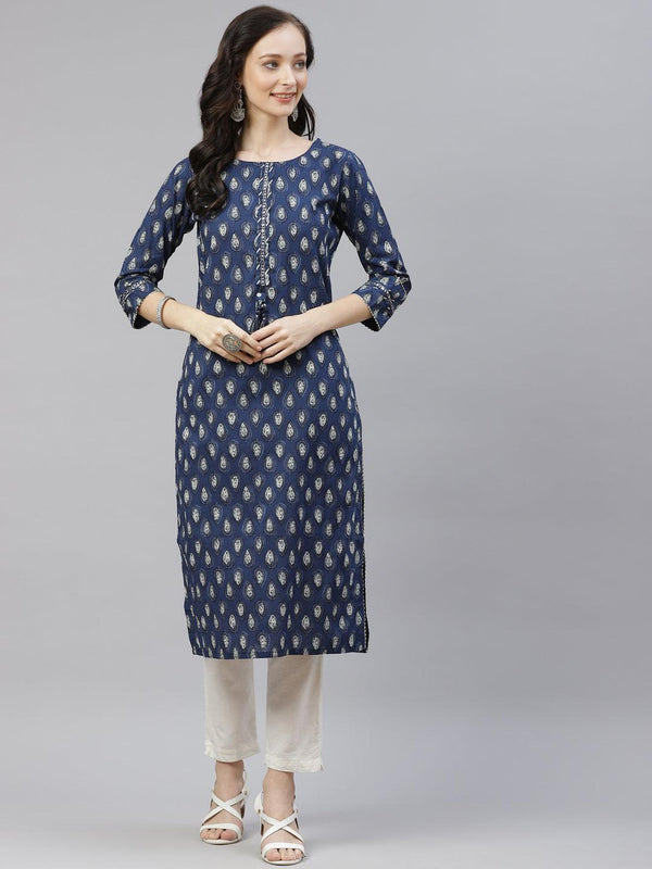 Jashvi Blue Booti Print Cotton Straight Kurti