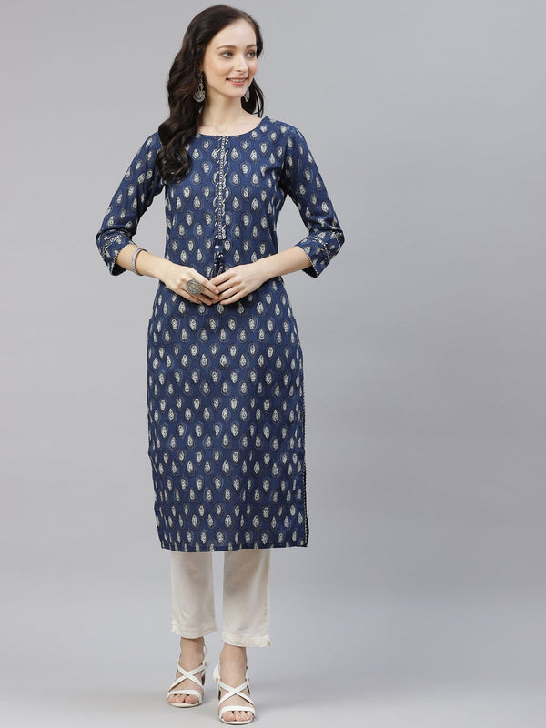 Women's Blue Booti Print Cotton Straight Kurti - Noz2Toz