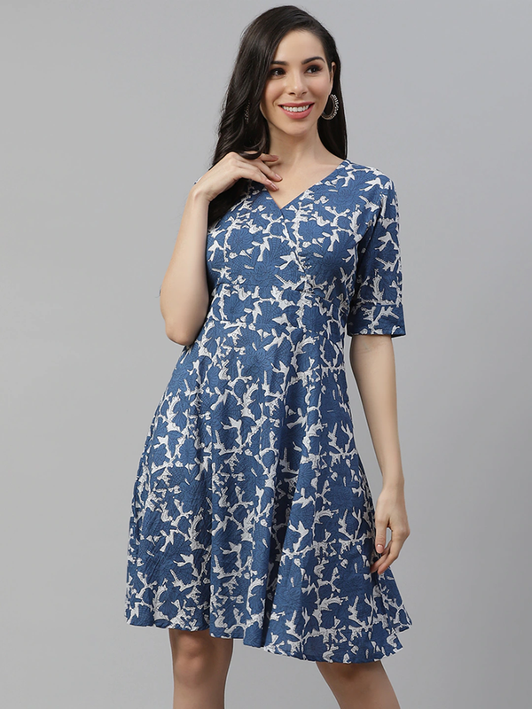 Women's Indigo Print Knee Length Dress - Divena