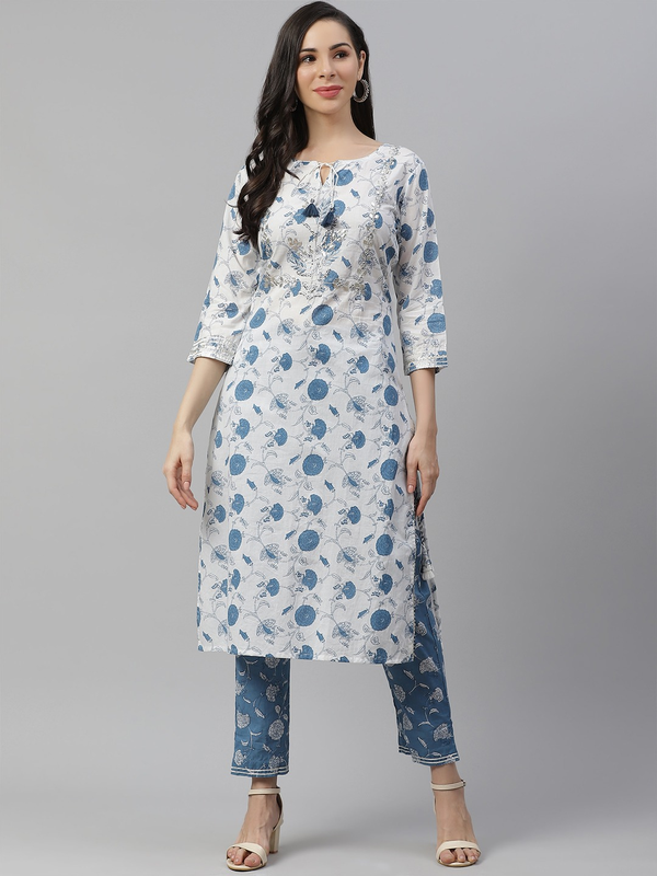 Women's White And Blue Cotton Kurta And Pant Set - Noz2Toz