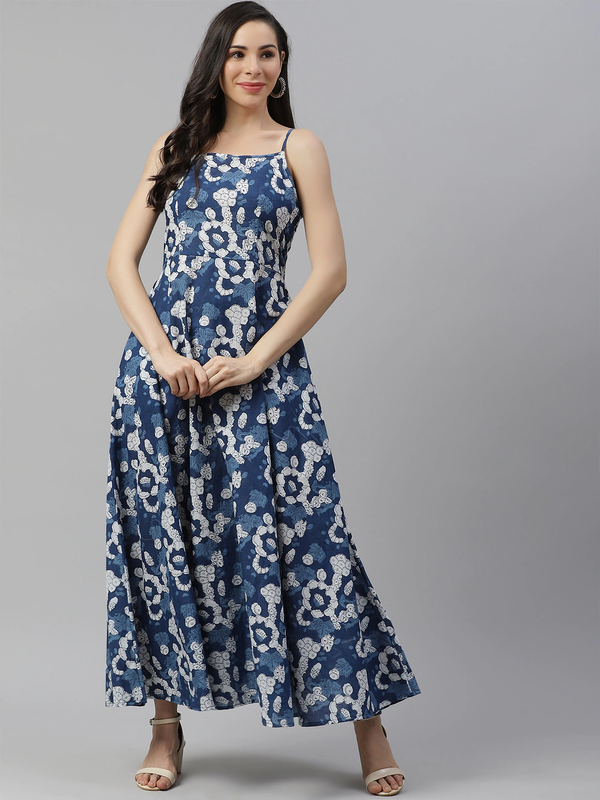 Women's Indigo Print Cotton Long Dress - Noz2Toz