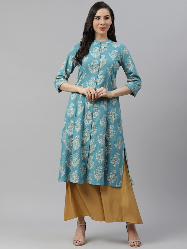 Women's Sky Blue Cotton Printed Kurta - Divena