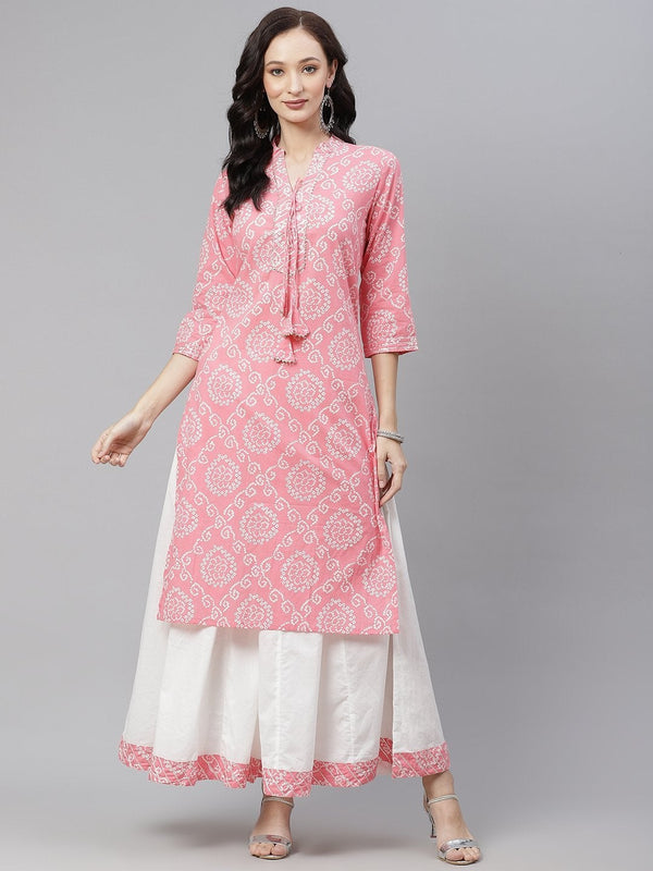 Women's Pink  Bandhej Gota patti Work Kurta with Palazzo Set - Divena