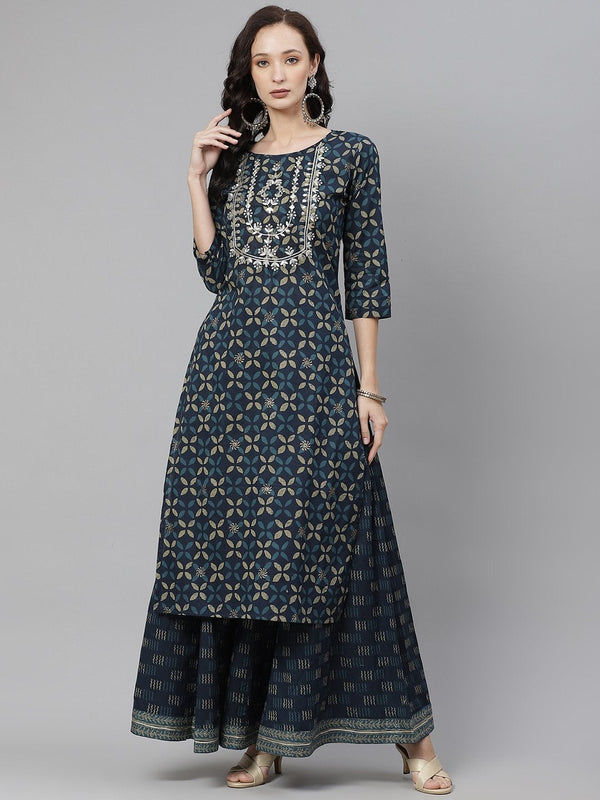 Women's Indiogo blue Kurta Set With Palazzo - Divena