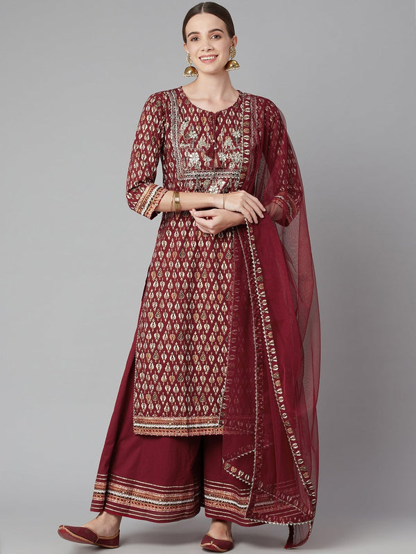 Women's Maroon Cotton Kurta Palazzo Set With Net Dupatta - Wahenoor