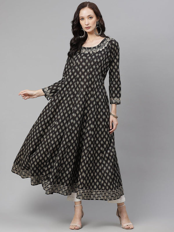 Jashvi Women Black Floral Print Flared Kurta