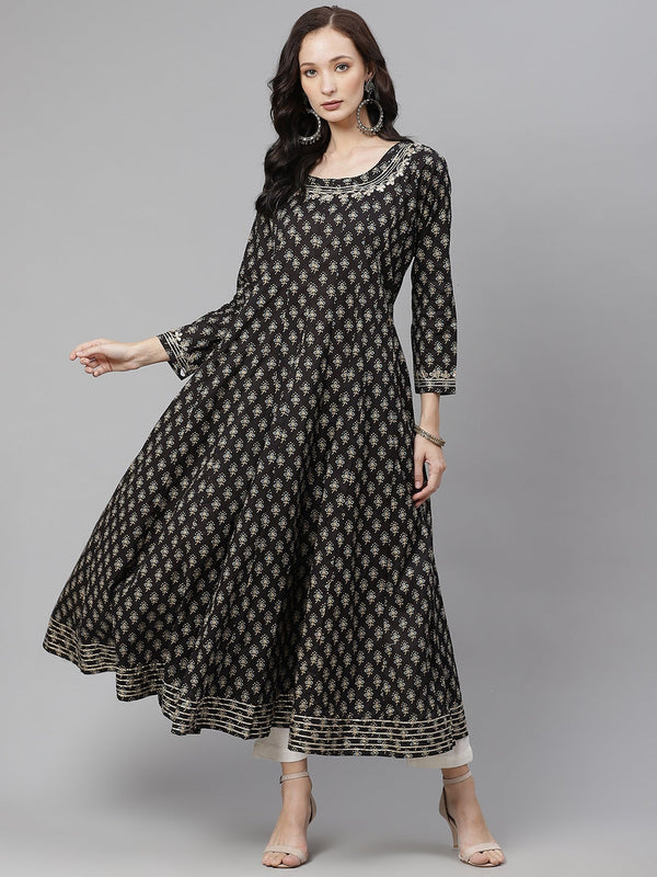 Women's Black Floral Print Flared Kurta - Noz2Toz