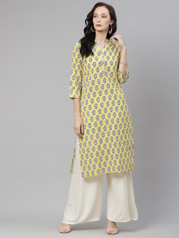 Women's Yellow Cotton Straight Kurta  - Wahenoor