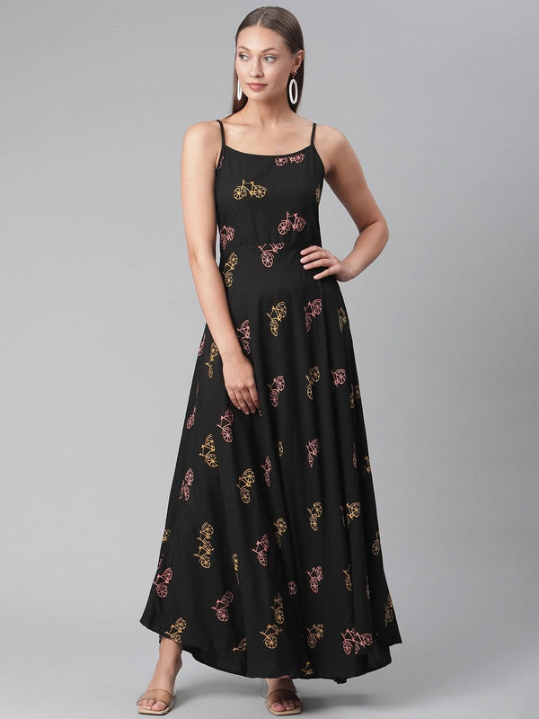 Women's Black Rayon Long Dress  - Wahenoor