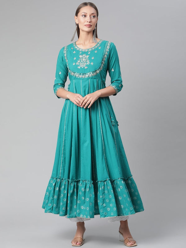 Women's Green Flared Kurta - Divena