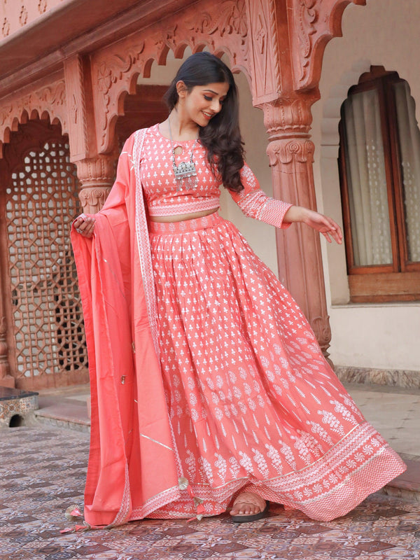 Jashvi Pink Printed Crop Top, lehenga with Dupatta set