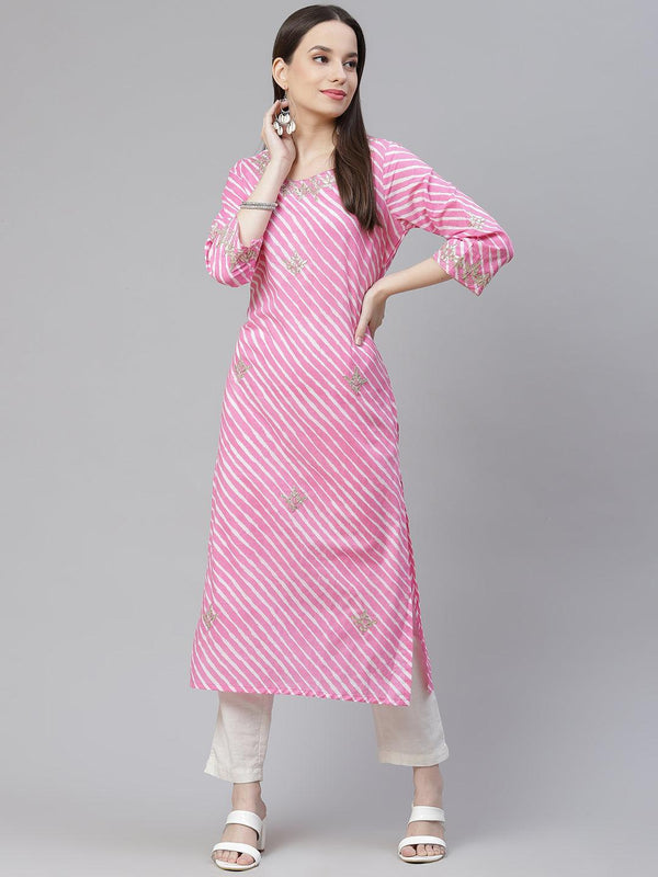 Jashvi Pink Lahariya Cotton Gota patti Straight Kurta