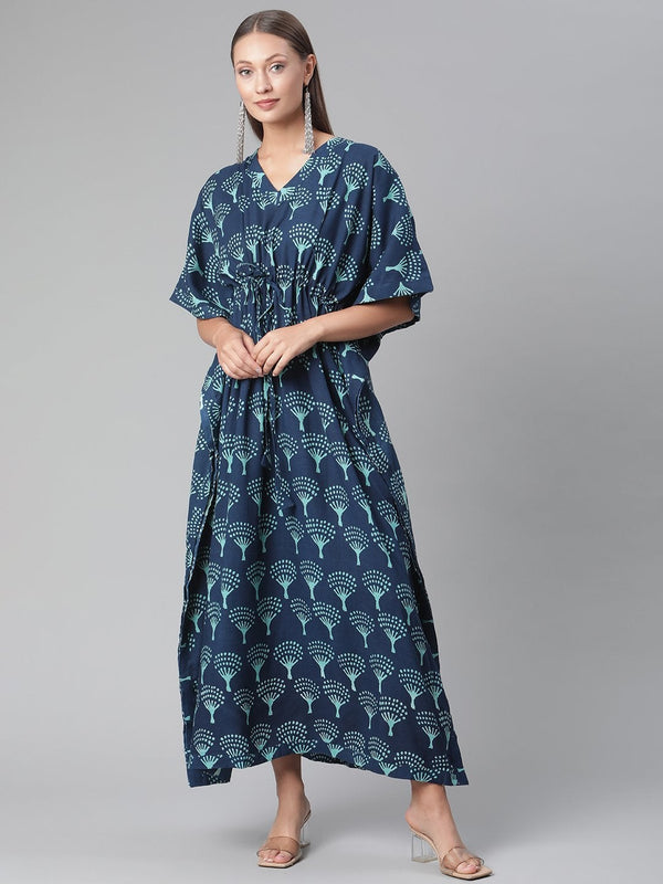 Women's Navy Blue Floral Cotton Kaftan  - Wahenoor