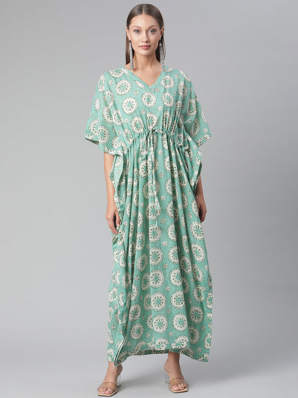 Women's Sea Green Floral Cotton Kaftan - Wahenoor