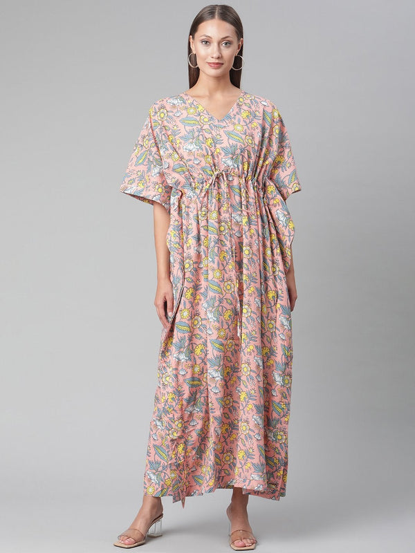 Women's Pink Floral Cotton Kaftan - Divena