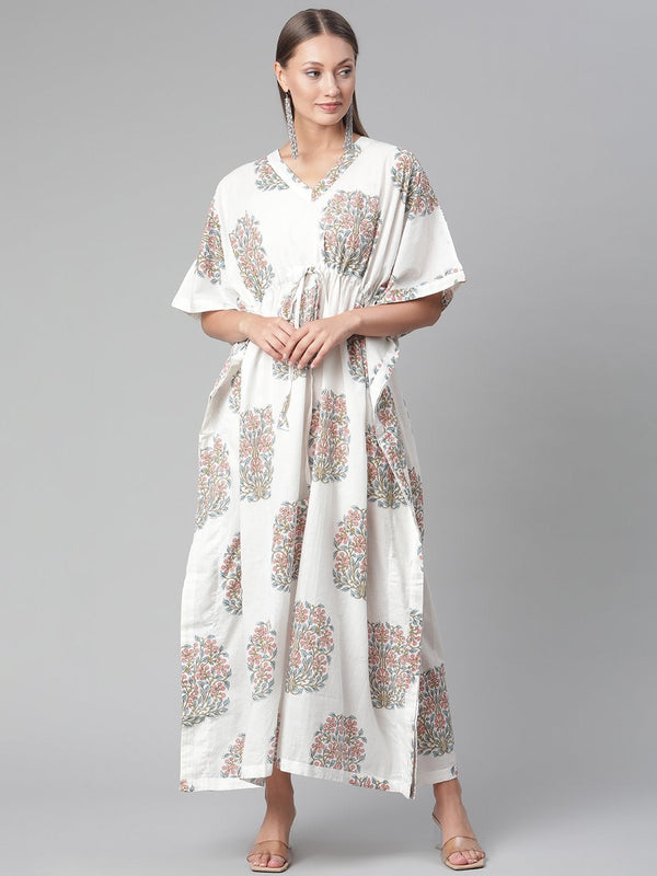 Women's White Floral Cotton Kaftan - Divena