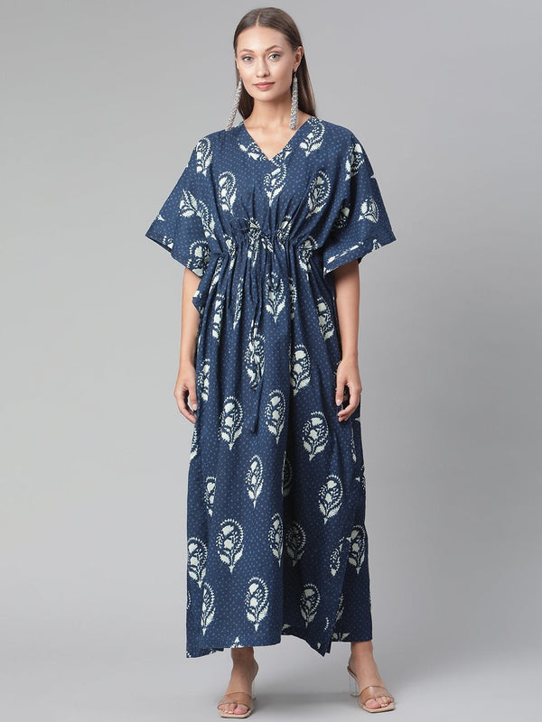 Women's Blue Floral Cotton Kaftan  - Wahenoor