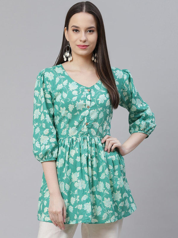 Jashvi Sea green Floral Printed Peplum Cotton top