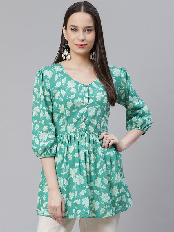 Women's Sea Green Floral Printed Peplum Cotton Top - Wahenoor