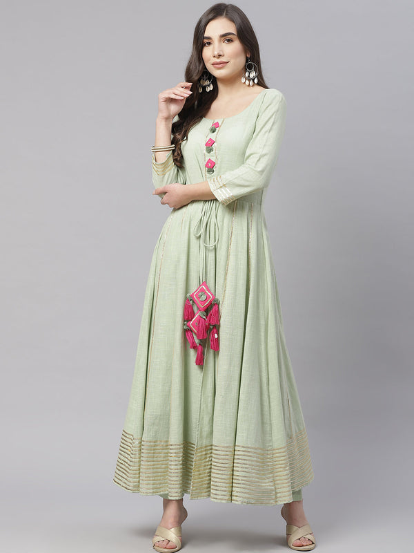 Women's Pastel Green Flaired Cotton Kurta With Pants - Noz2Toz