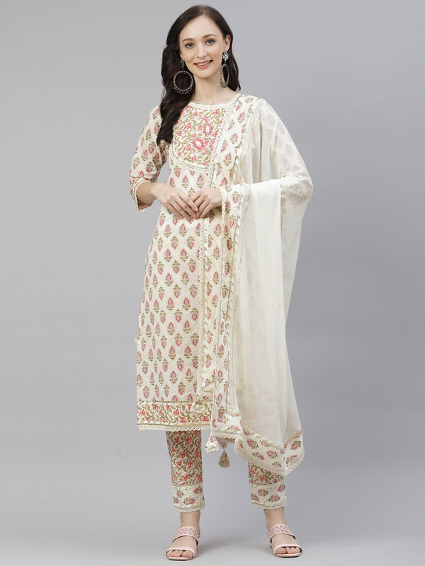 Women's Off White Cotton Straight Kurta Pant Set With Dupatta - Noz2Toz