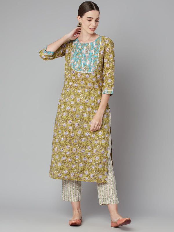 Women's Pastel Green Floral Printed Cotton Kurta Pant Set - Noz2Toz