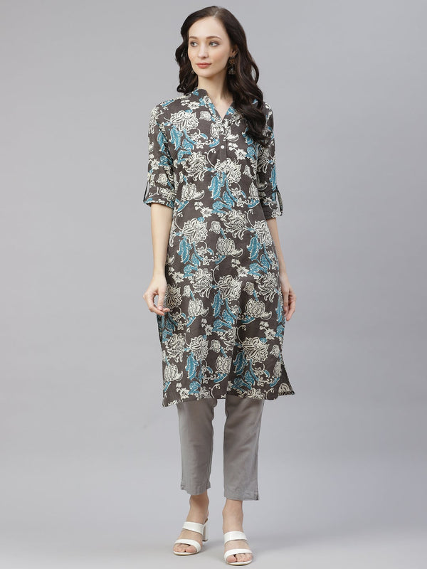 Women's Brown Floral Printed Straight Kurta - Noz2Toz