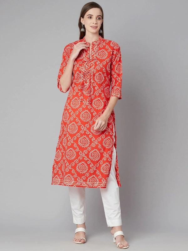 Women's Red Bandhej Straight Kurta - Noz2Toz