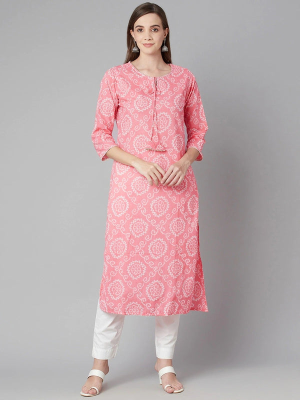 Women's Baby Pink Bandhej Straight Kurta - Noz2Toz