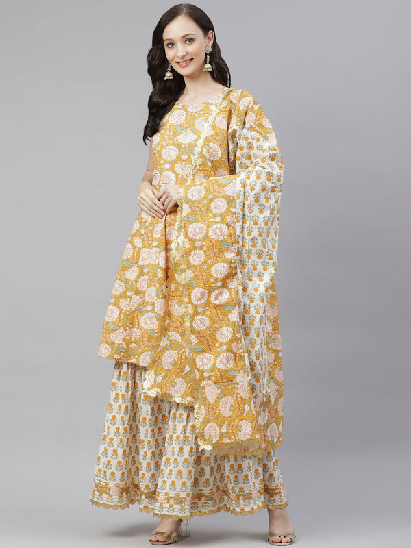 Women's Yellow Cotton Anarkali Kurta Sharara Set With Dupatta - Noz2Toz