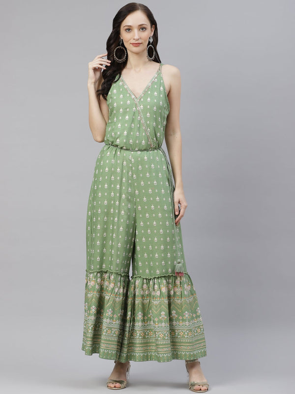 Women's Green Angrakha Shoulder Strips Jumpsuit - Wahenoor