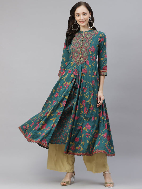 Women's Block Print Cotton Flaired  Anarkali Kurta - Wahenoor