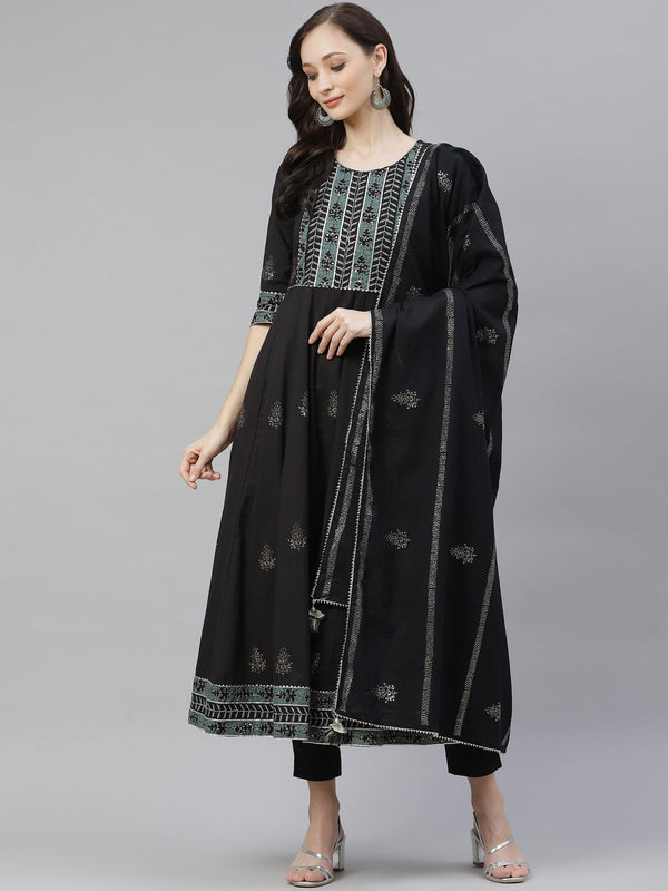 Women's Black Cotton Anarkali Kurta Pant Set With Dupatta - Wahenoor