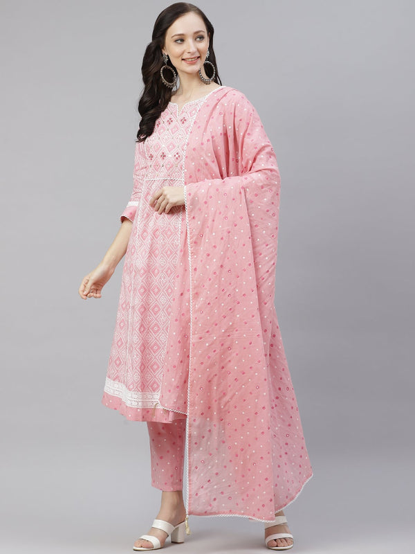 Women's Pink Cotton A-Line Kurta Pant Set With Dupatta - Noz2Toz