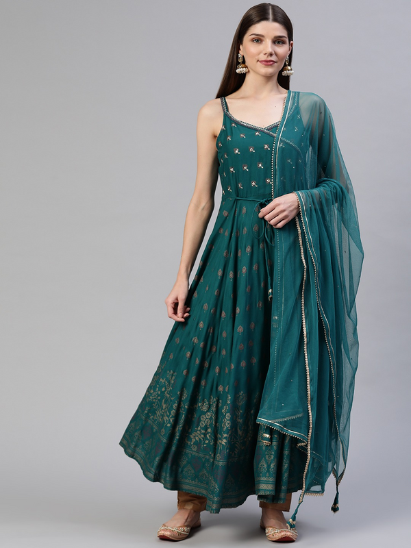 Women's Rama Green Rayon Shoulder Strip Anarkali Kurta With Net Dupatta - Wahenoor