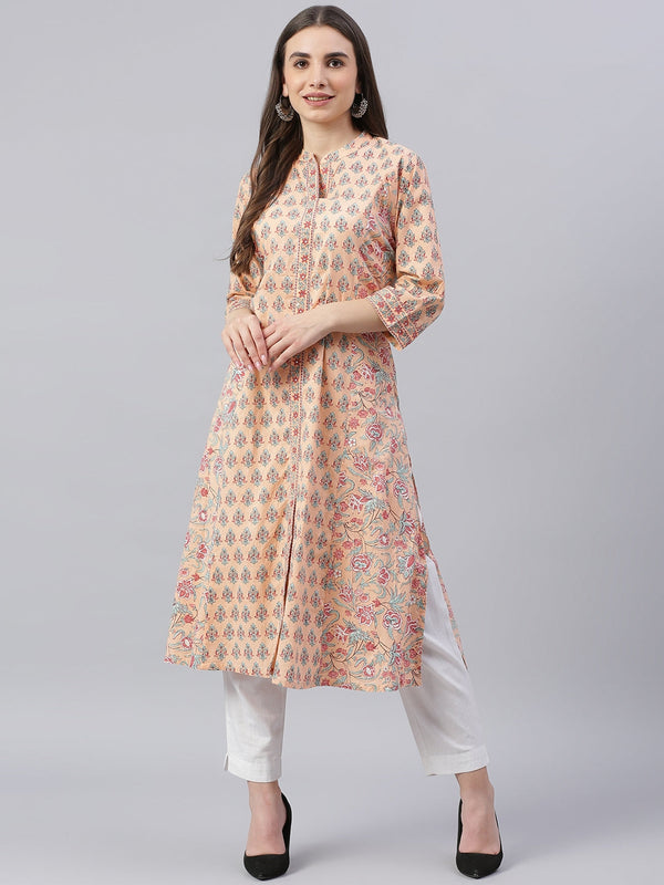 Women's Peach Cotton A-Line Kurta - Wahenoor