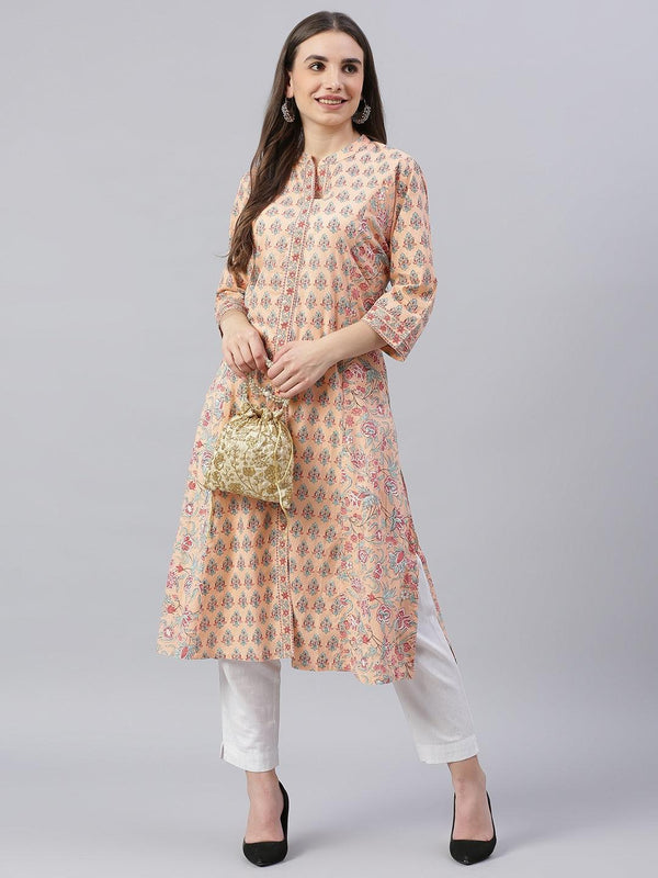 Jashvi Jashvi Peach Cotton A-line Kurta